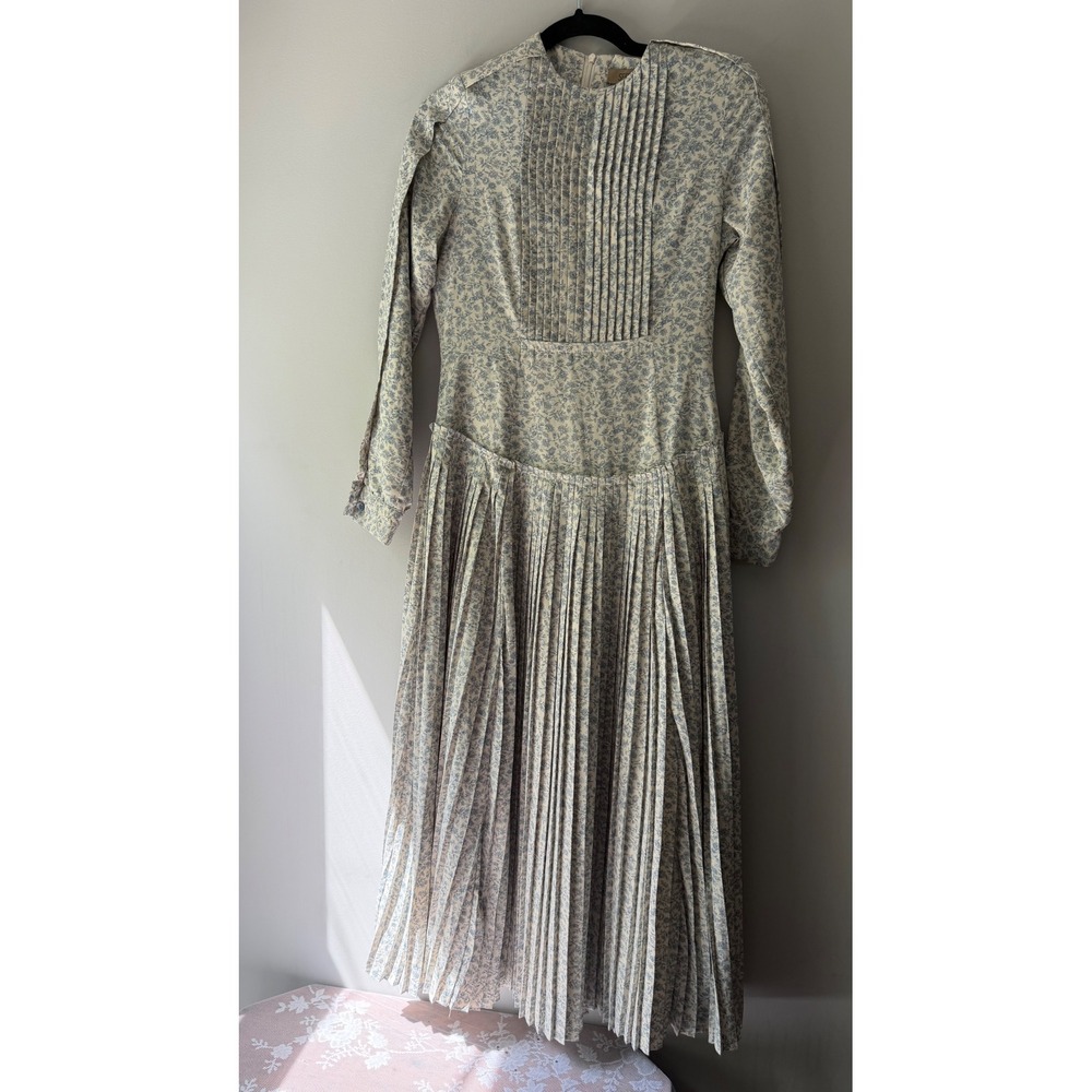 September Floral Pleated Midi Dress Womens XS Blue Cream Excellent Long Sleeve